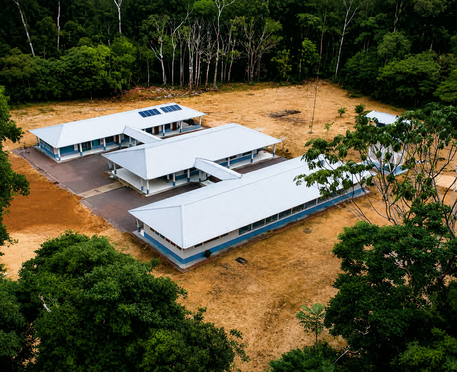 Vista aérea do prédio do CEFLOM, centro de educação florestal da Manoa