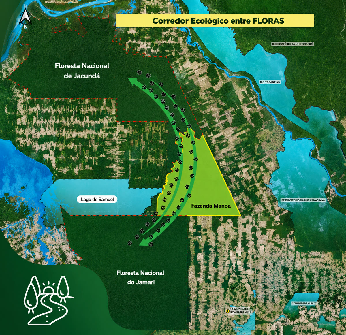 Mapa do corredor ecológico entre a Floresta Nacional de Jacundá e a Floresta Nacional do Jamari, passando pela Fazenda Manoa e o Lago de Samuel